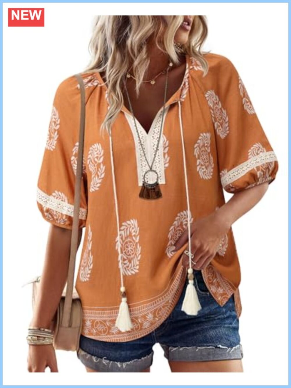 Womens V Neck Tie Front Blouse Half Sleeve Rayon Nylon Boho Top
